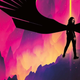 On a pink and purple background, an illustration of a woman in black with large black wings looks over her shoulder.